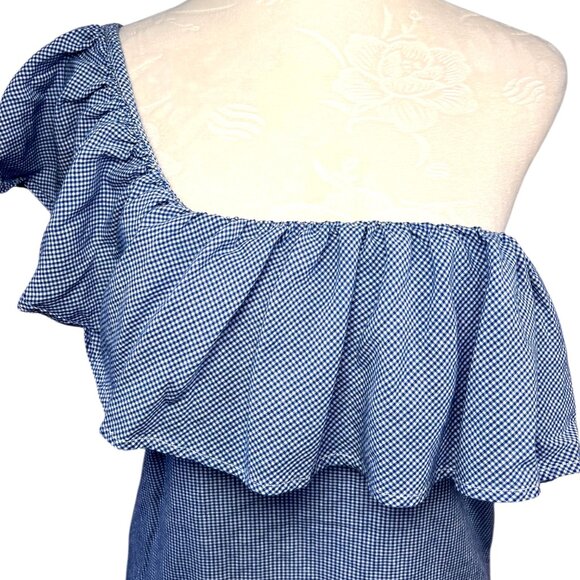 Joes Jeans One Shoulder Blouse Gingham Ruffle Blue White Size Small - Picture 2 of 8